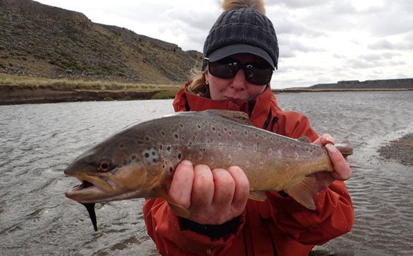 tracey buckenham with a nice brown trout in argentina