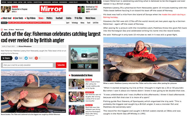 Mirror news article of huge Cod