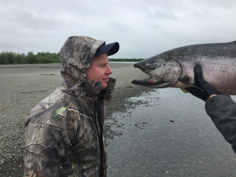 Customer comes face to face with a big king salmon Mission Lodge Fishing Report