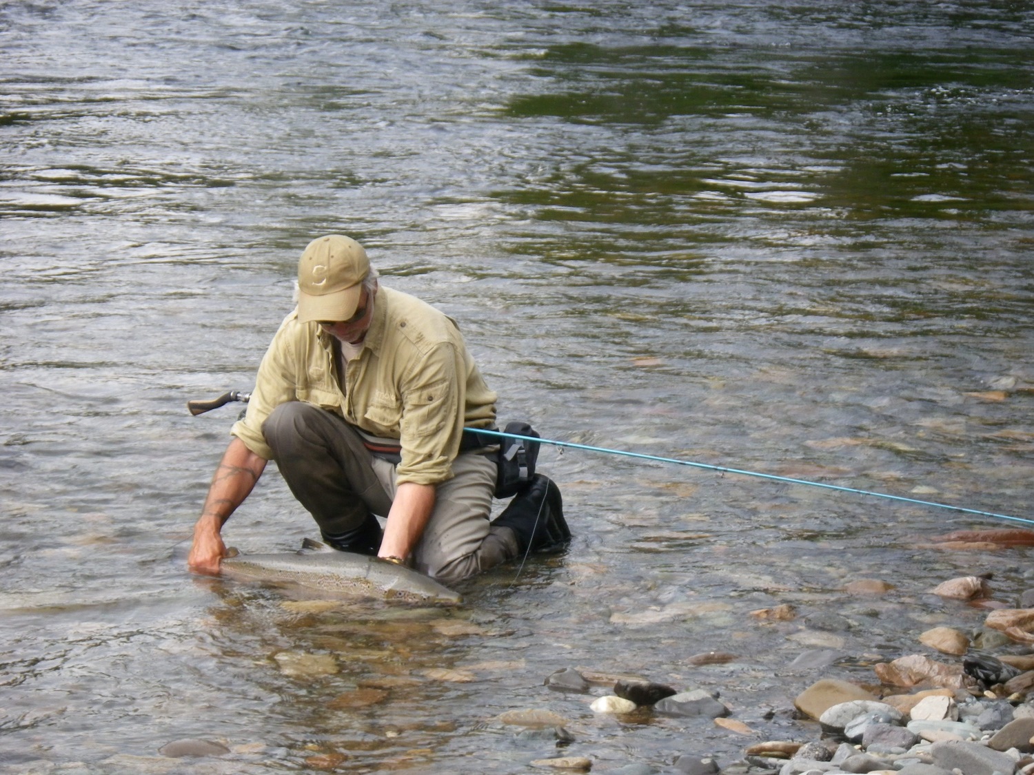 A great shot of our customer holding and releasing a big Atlantic Salmon back to where it belongs.