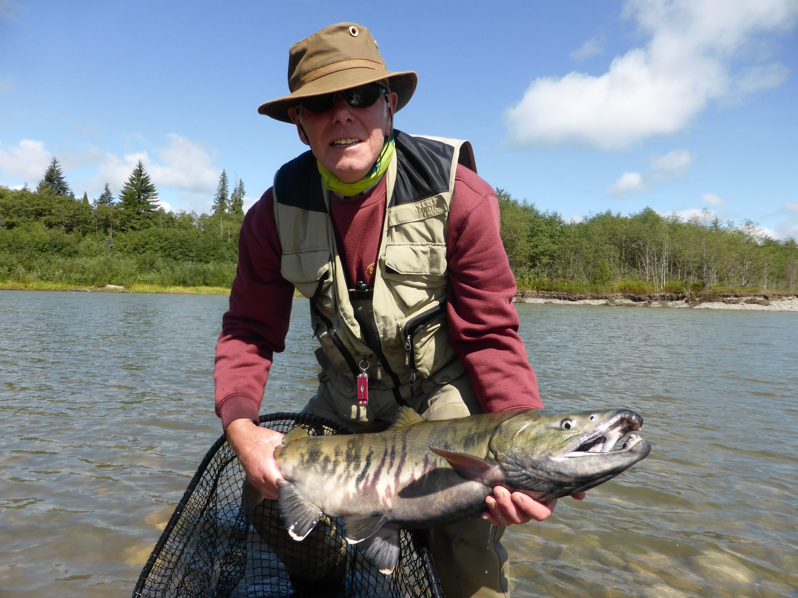 Mike Smith with a Chum Salmon fly fishing Kalum River Lodge