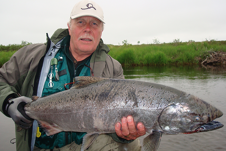 Phil Barker host for Sportquest Holidays Salmon fishing for Kings on a small river in Alaska