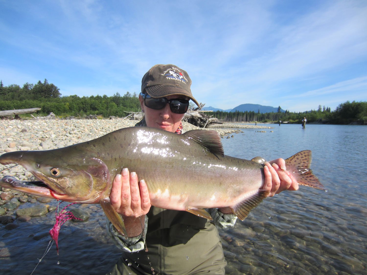 Tracey Buckenham with a large Pink Salmon, notice the pink salmon fly again in the mouth of the fish