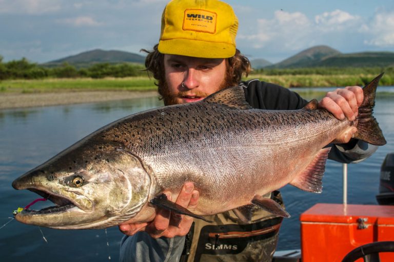 Customer holding up a close up of a salmon from alaska