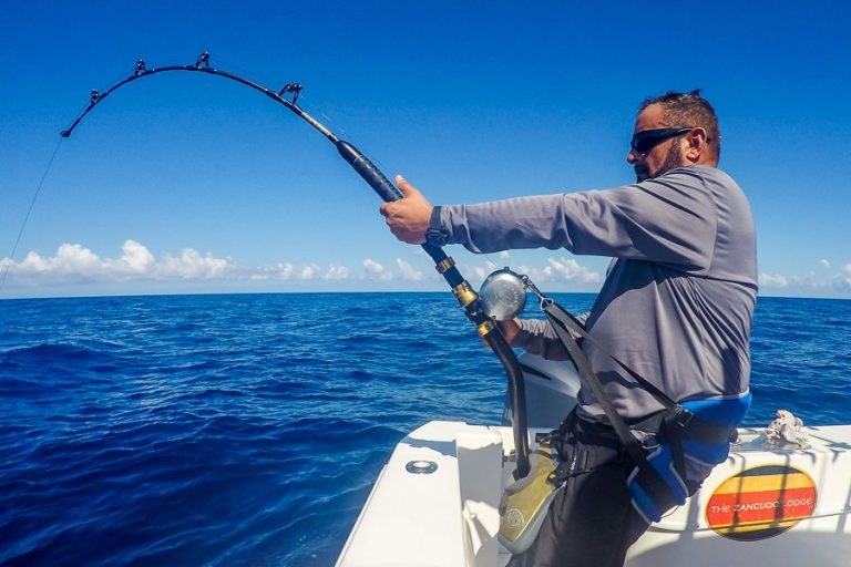 angler fighting huge marlin