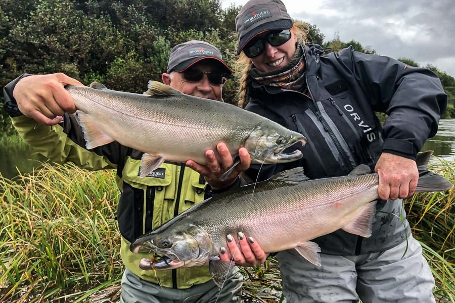 double hook up of silver salmon at goodnews river lodge alaska