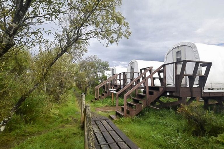 view of the boarded walkways that run between all the tents