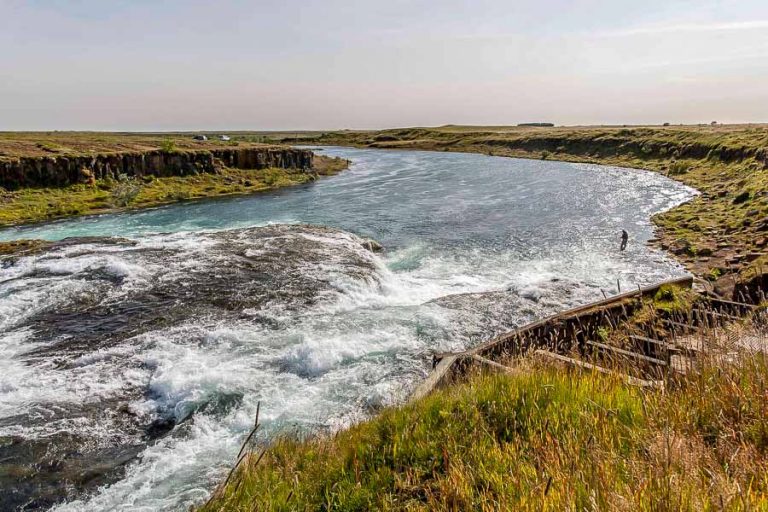 looking down from the waterfall on the west ranga river iceland