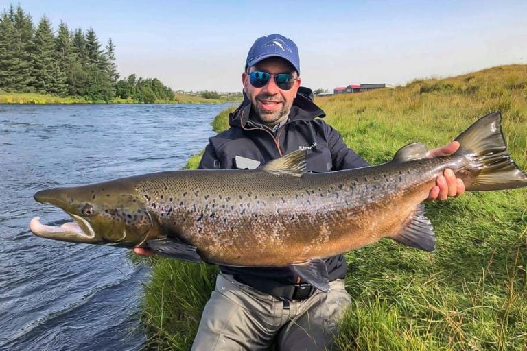 customer holding a stunning cock atlantic salmon from the west ranga lodge iceland